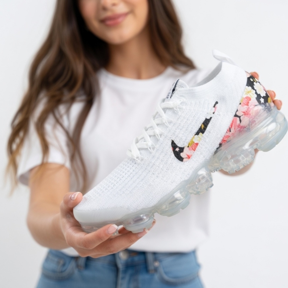 Nike Women’s White Flyknit Shoes Swoosh VaporMax Air Max White Floral Sneakers